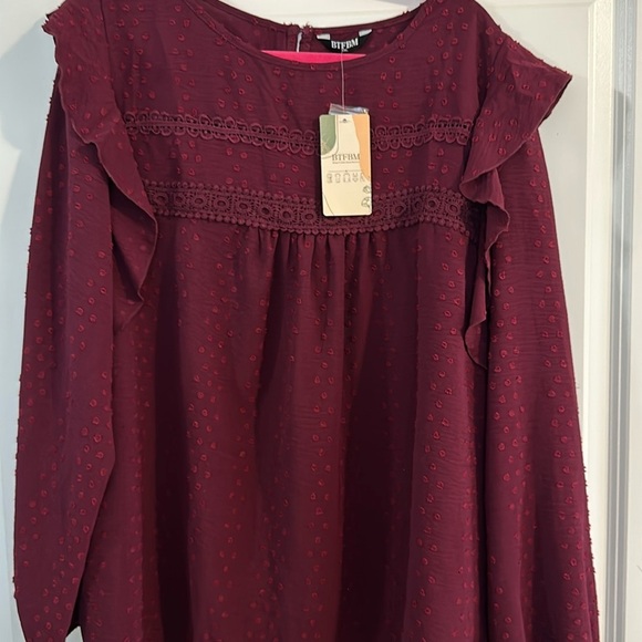 Burgundy Ruffle Long Sleeve Blouse – Textured Dot Detail, Feminine Fall Top - Picture 3 of 3